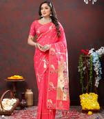 Womens New Soft Paithani Silk Pink Color Gold Zari Woven Paithani Saree With Unstitched Matching Blouse