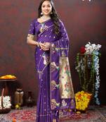 Womens New Soft Paithani Silk Purple Color Gold Zari Woven Paithani Saree With Unstitched Matching Blouse