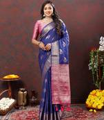 Womens New Soft Silk Navy Blue Color Zari Weaving Saree With Unstitched Contrast Blouse