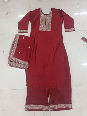 Maroon Zari Sequence Embroidered Chinon Silk Kurta Palazzo with Dupatta 5