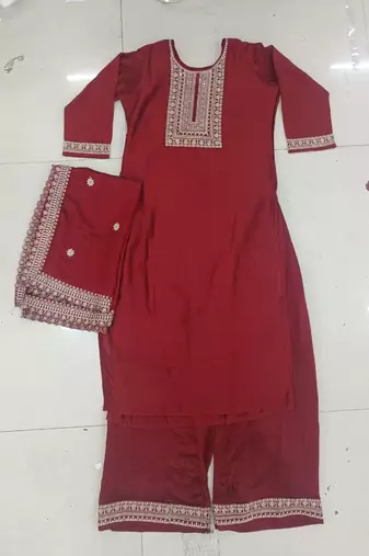 Maroon Zari Sequence Embroidered Chinon Silk Kurta Palazzo with Dupatta