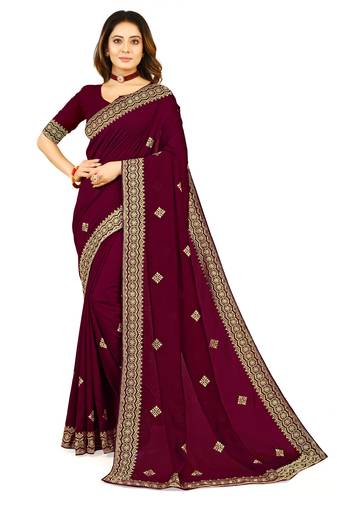 Purple Zari Embroidery Border Georgette Saree