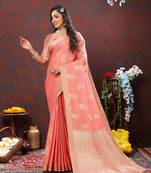 Womens New Soft Cotton Silk Peach Color Zari Weaving Saree With Unstitched Matching Blouse