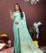 Womens New Soft Cotton Silk Sky Blue Color Zari Weaving Saree With Unstitched Matching Blouse