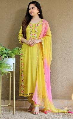 Women's Rayon Slub Embroidered Kurta Pant with Dupatta set 1