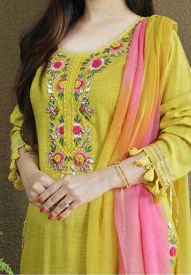 Women's Rayon Slub Embroidered Kurta Pant with Dupatta set 3