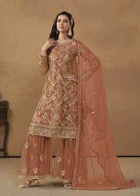 Light rust net embroidered salwar suit 1