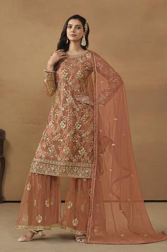 Light rust net embroidered salwar suit