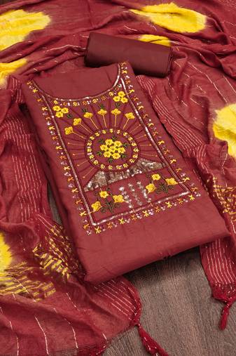 Women's maroon unstitched sequence work parampara silk dress material 