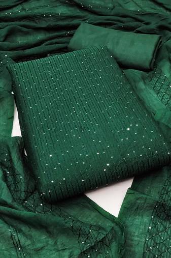 Women's green unstitched sequence work chanderi cotton dress material 
