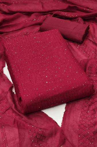 Women's maroon unstitched sequence work chanderi cotton dress material 