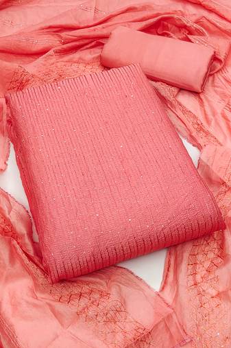 Women's peach unstitched sequence work chanderi cotton dress material 