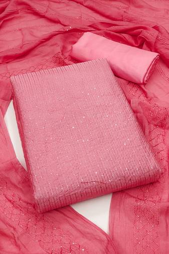 Women's pink unstitched sequence work chanderi cotton dress material 
