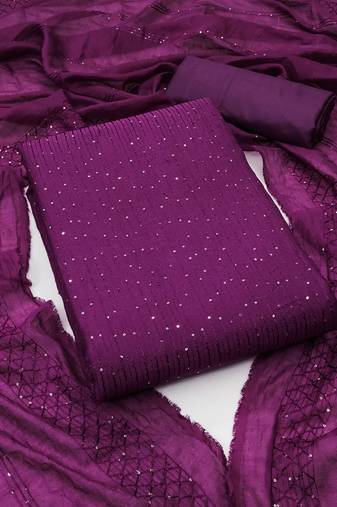 Women's purple unstitched sequence work chanderi cotton dress material 
