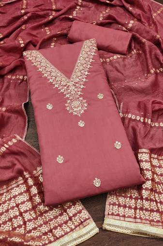Women's pink unstitched embroidery chanderi cotton dress material 