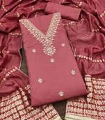 Women's pink unstitched embroidery chanderi cotton dress material