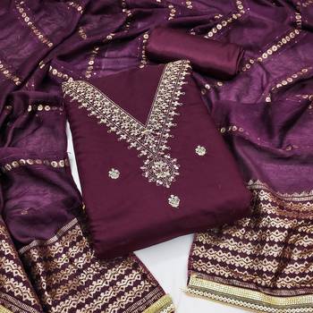 Women's purple embroidery chanderi cotton dress material 1