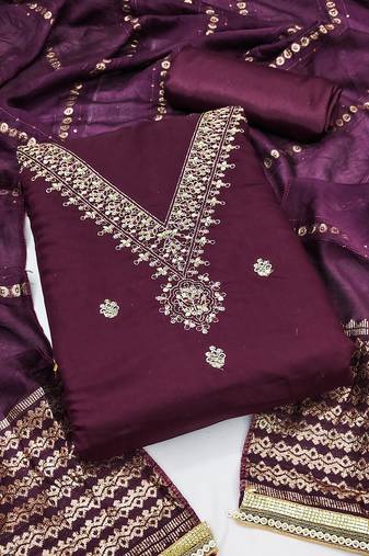 Women's purple unstitched embroidery chanderi cotton dress material 
