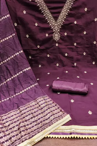 Women's purple embroidery chanderi cotton dress material