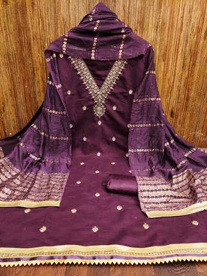 Women's purple embroidery chanderi cotton dress material 3
