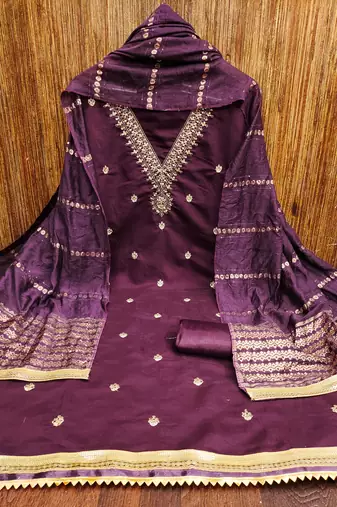Women's purple embroidery chanderi cotton dress material