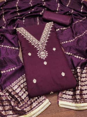 Women's purple embroidery chanderi cotton dress material 4