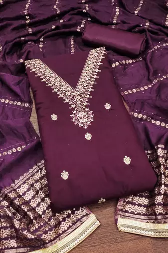 Women's purple embroidery chanderi cotton dress material