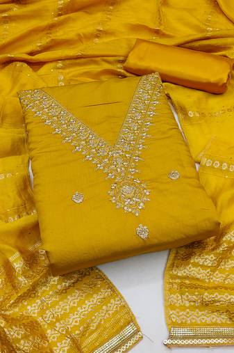 Women's yellow unstitched embroidery chanderi cotton dress material 