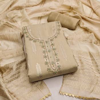 Women's beige designer weaving banarasi jacquard dress material 1