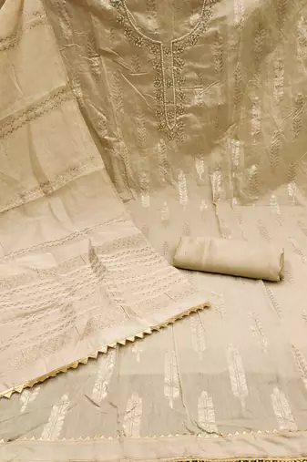 Women's beige designer weaving banarasi jacquard dress material