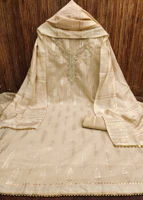 Women's beige designer weaving banarasi jacquard dress material 3