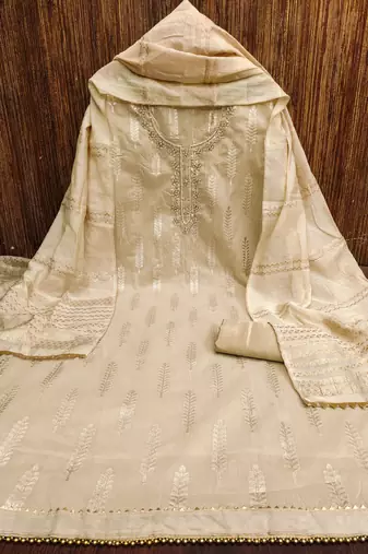 Women's beige designer weaving banarasi jacquard dress material
