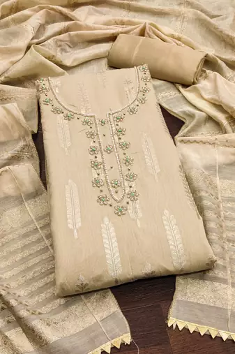 Women's beige designer weaving banarasi jacquard dress material