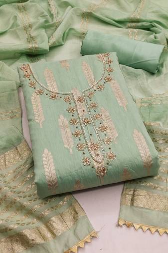 Women's light green unstitched designer weaving banarasi jacquard dress material 