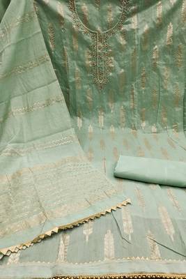 Women's light green designer weaving banarasi jacquard dress material 2