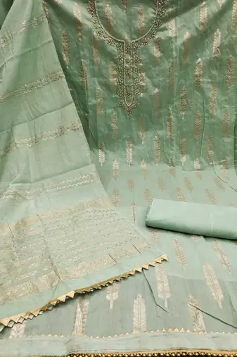 Women's light green designer weaving banarasi jacquard dress material