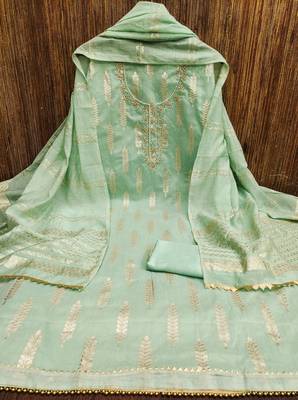 Women's light green designer weaving banarasi jacquard dress material 3