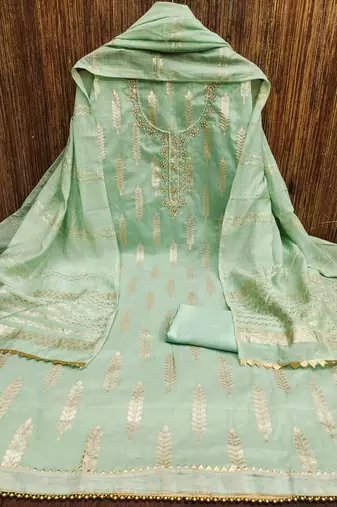Women's light green designer weaving banarasi jacquard dress material