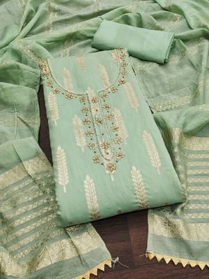 Women's light green designer weaving banarasi jacquard dress material 4