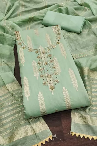 Women's light green designer weaving banarasi jacquard dress material