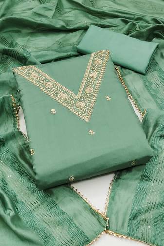 Women's light green unstitched embroidery chanderi silk dress material 