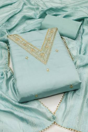 Women's sea green unstitched embroidery chanderi silk dress material 
