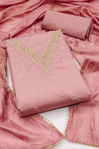 Women's pink unstitched embroidery chanderi silk dress material 