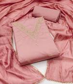 Women's pink unstitched embroidery chanderi silk dress material