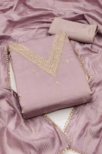 Women's light purple unstitched embroidery chanderi silk dress material 
