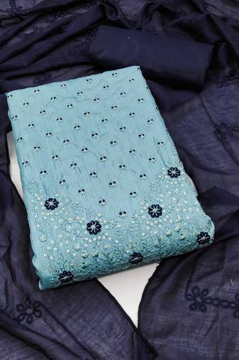 Women's sea green unstitched sequence work coco silk dress material 