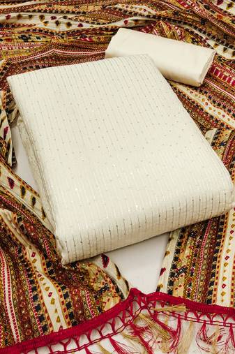 Women's off white unstitched sequence work chanderi dress material 