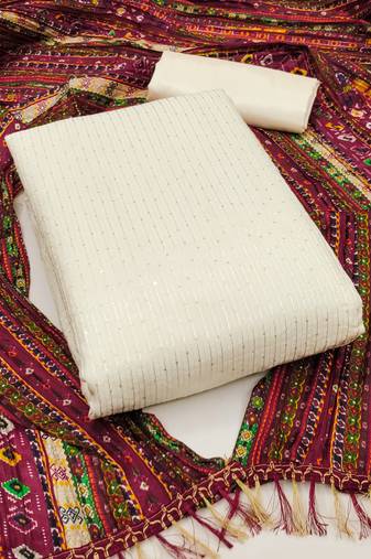 Women's off white unstitched sequence work chanderi dress material 