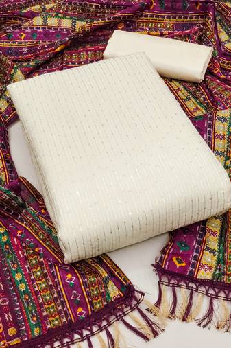 Women's off white unstitched sequence work chanderi dress material 
