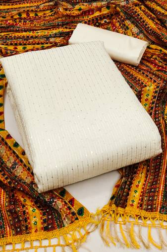 Women's off white unstitched sequence work chanderi dress material 
